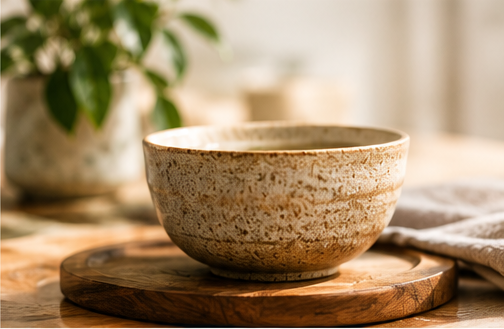 A handmade ceramic cup in a quiet, sunlit room