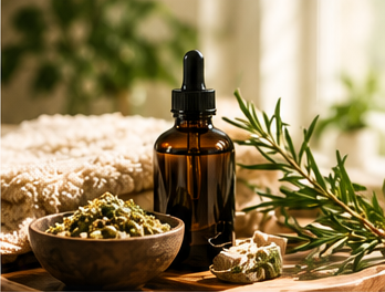Body oil, soap, linen, and botanical details arranged in natural light