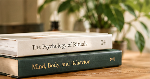 Books about psychology and ritual arranged on a wooden table