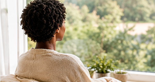 A woman sitting quietly by a window, looking out into a green garden