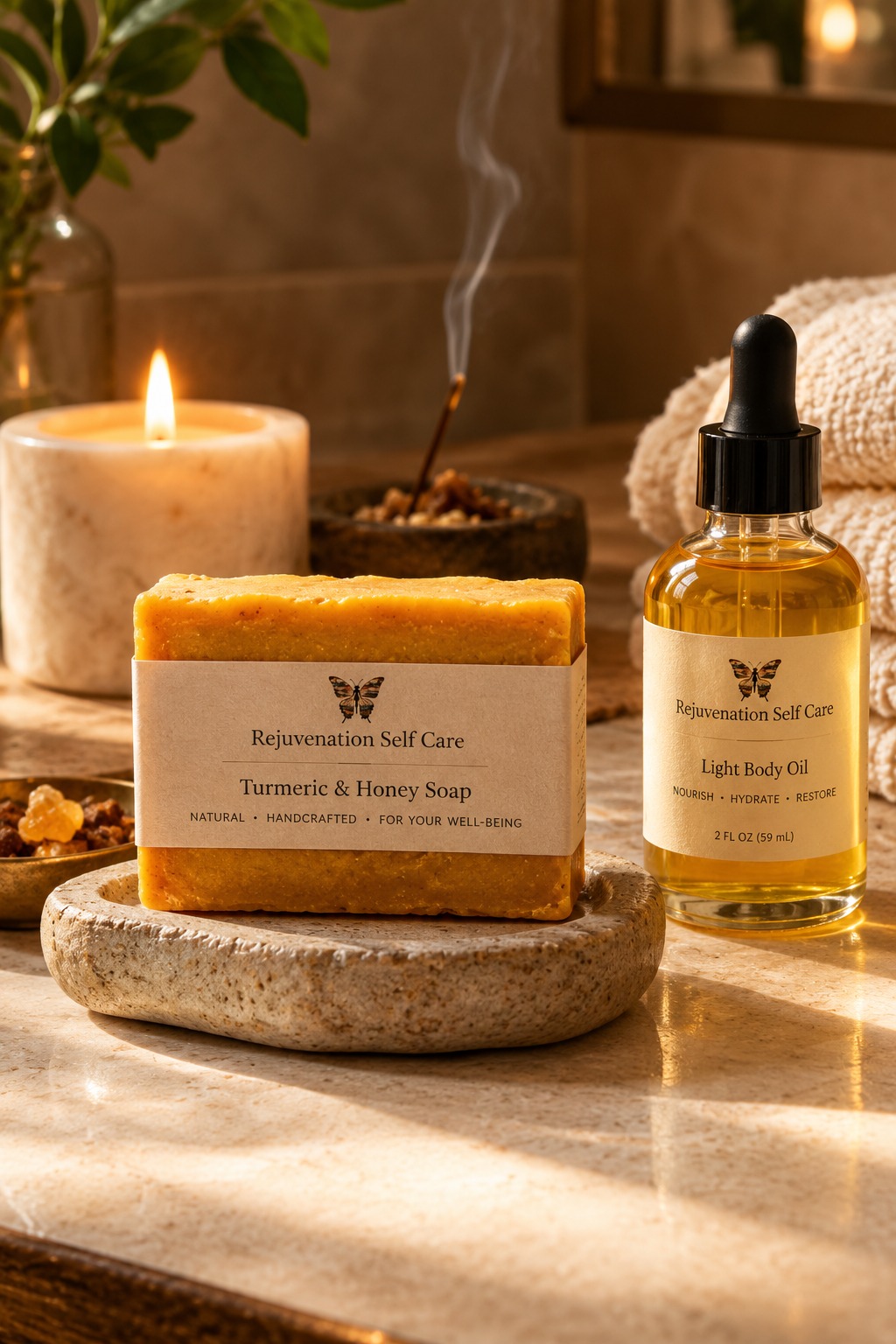 Rejuvenation Self Care Turmeric and Honey Soap and Light Body Oil